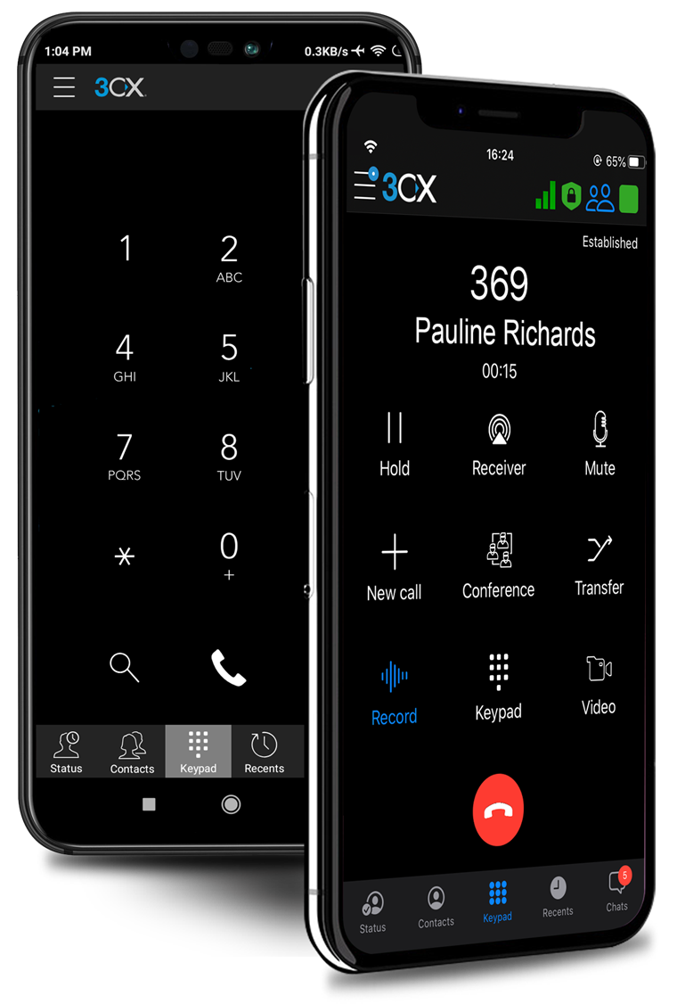 WiseCloud cloud phone app on iPhone and Android — dialer and active call